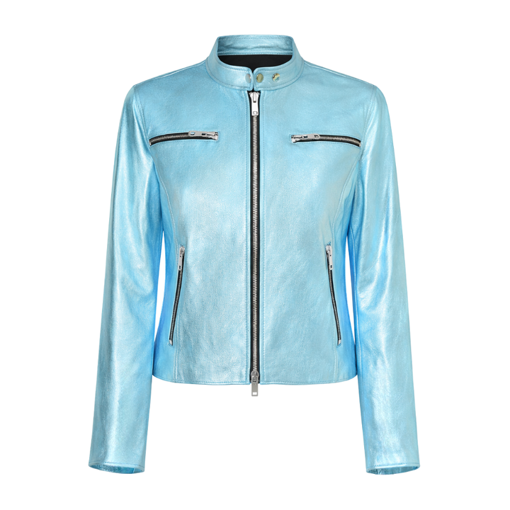 Women's navy metallic leather jacket with reflective coating