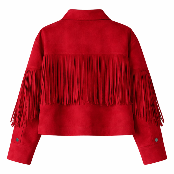 Women's red fringed suede jacket with western style
