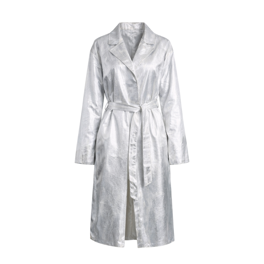 Women's silver metallic leather trench coat with reflective coating