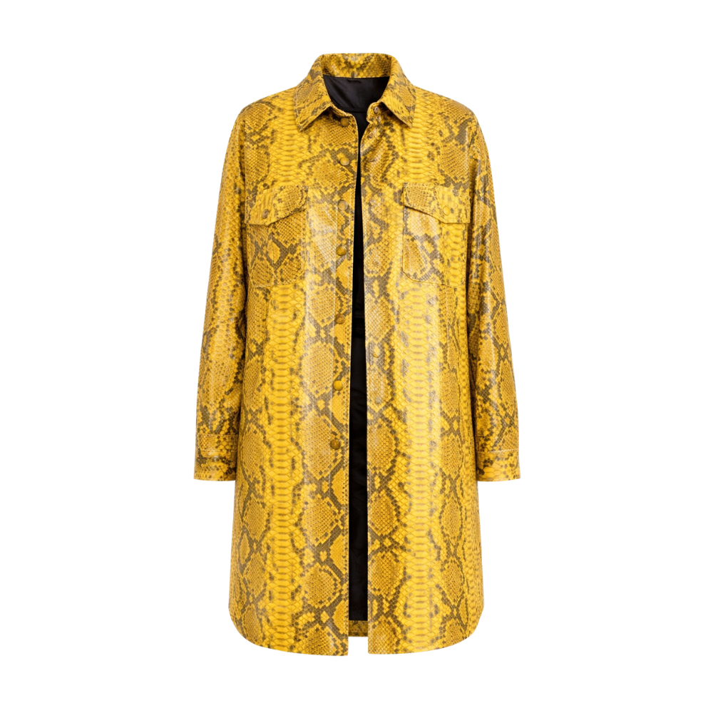Women's snakeskin leather trench coat with reptile pattern