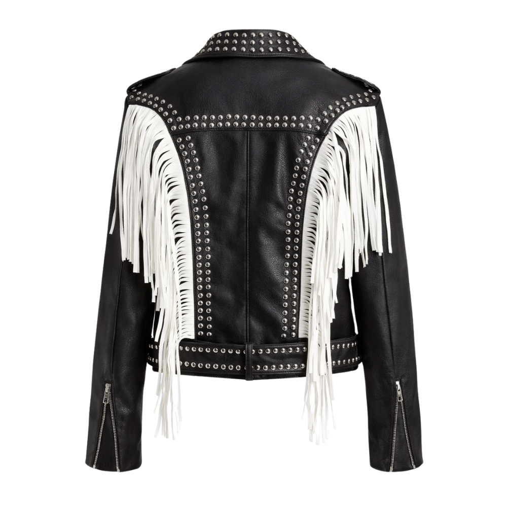  Women's studded leather fringe jacket with western styling