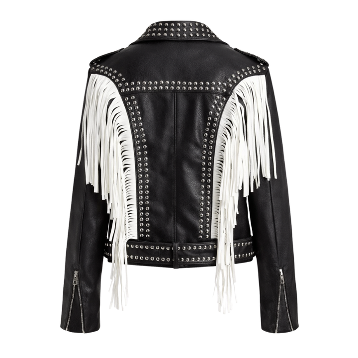  Women's studded leather fringe jacket with western styling