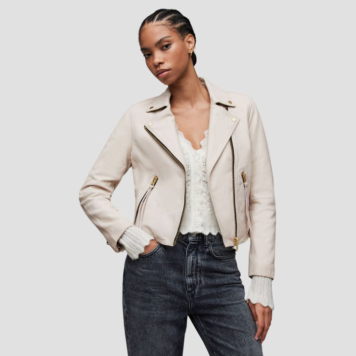 Shop this luxury ladies biker leather jacket for a bold look. Premium leather and expert craftsmanship combine to deliver a stylish, powerful statement piece.