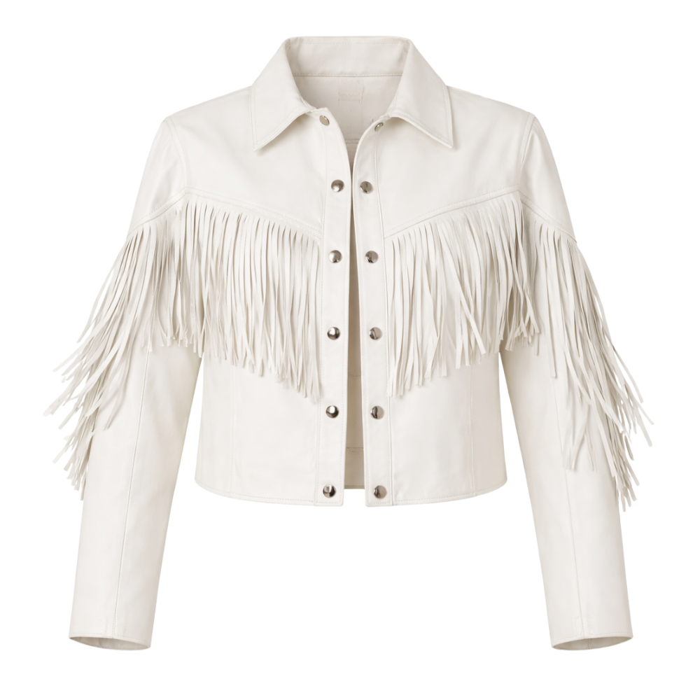 Women's white fringed leather motorcycle jacket with biker styling