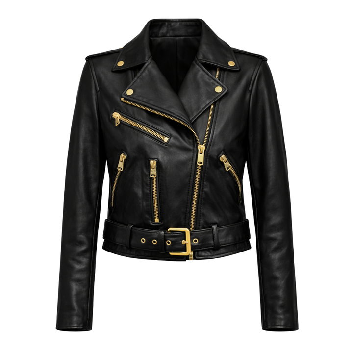 Women’s black cowhide leather biker jacket with zipper closure
